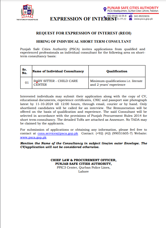 Punjab Safe Cities Authority Latest Jobs In PSCA PPIC3 Apply Online October 2024